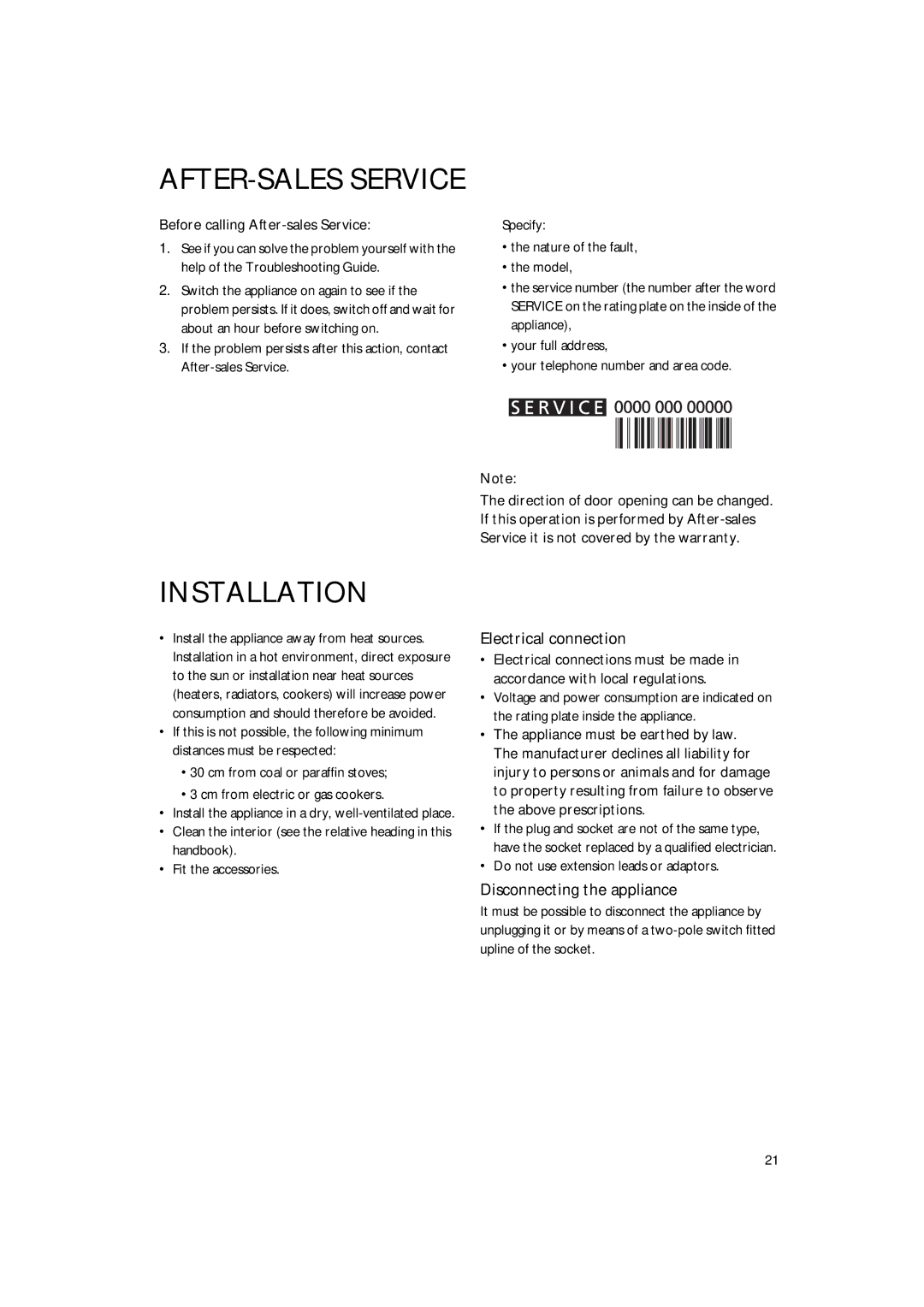 Smeg CR315SE manual Electrical connection, Disconnecting the appliance, Before calling After-sales Service 