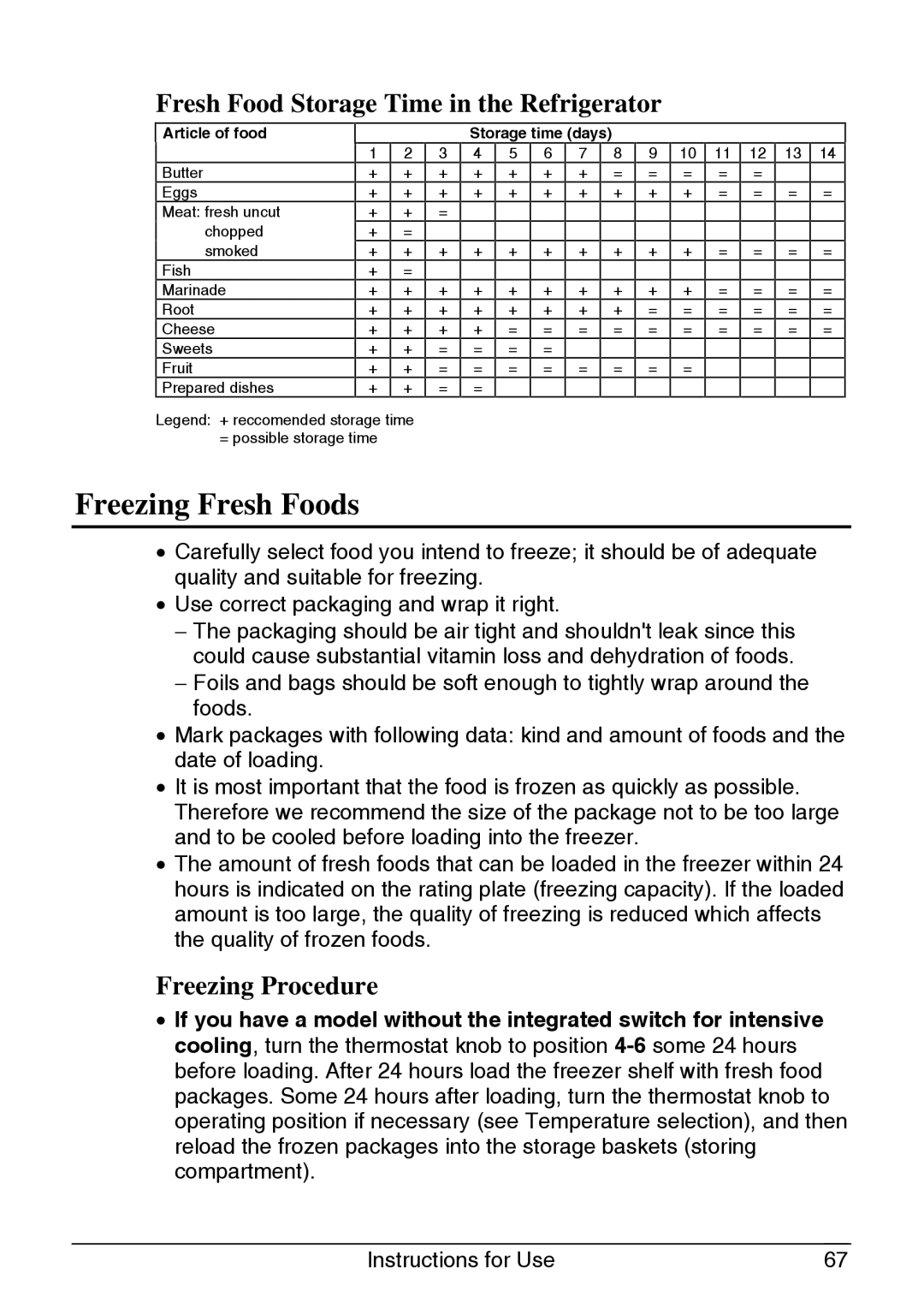 Smeg CR320A manual Freezing Fresh Foods, Fresh Food Storage Time in the Refrigerator, Freezing Procedure 