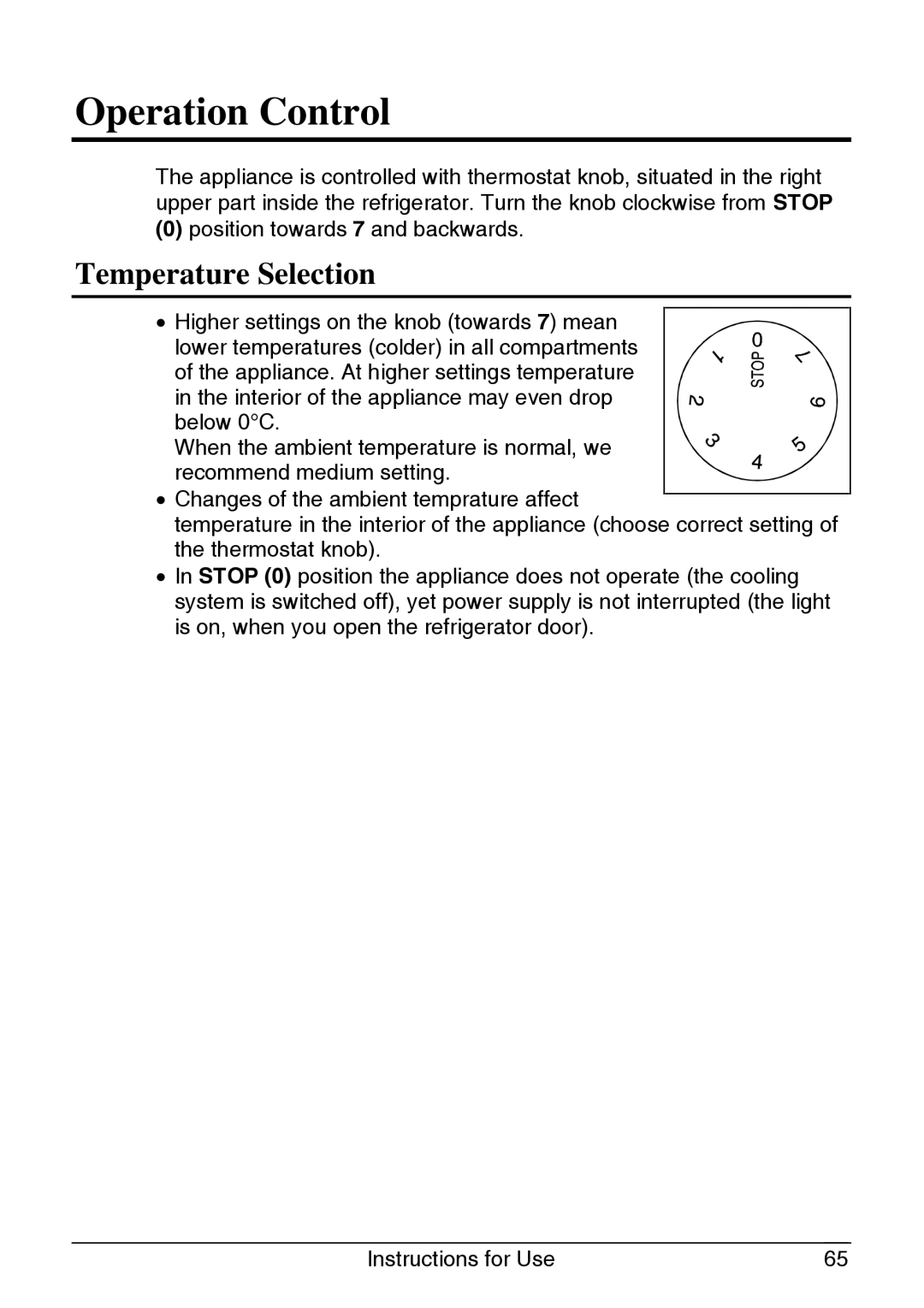 Smeg CR320A manual Operation Control, Temperature Selection 