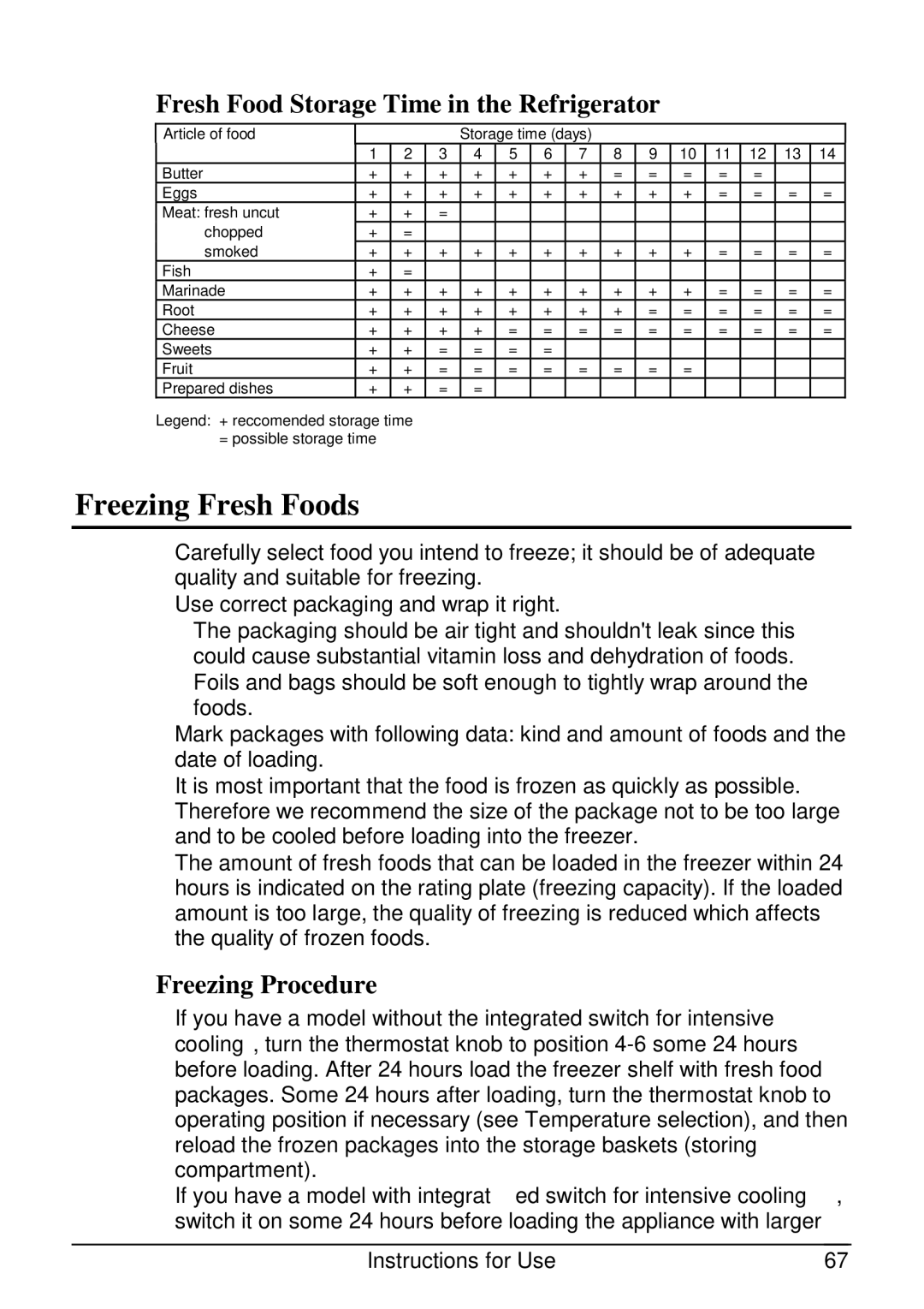 Smeg CR320ASX manual Freezing Fresh Foods, Fresh Food Storage Time in the Refrigerator, Freezing Procedure 