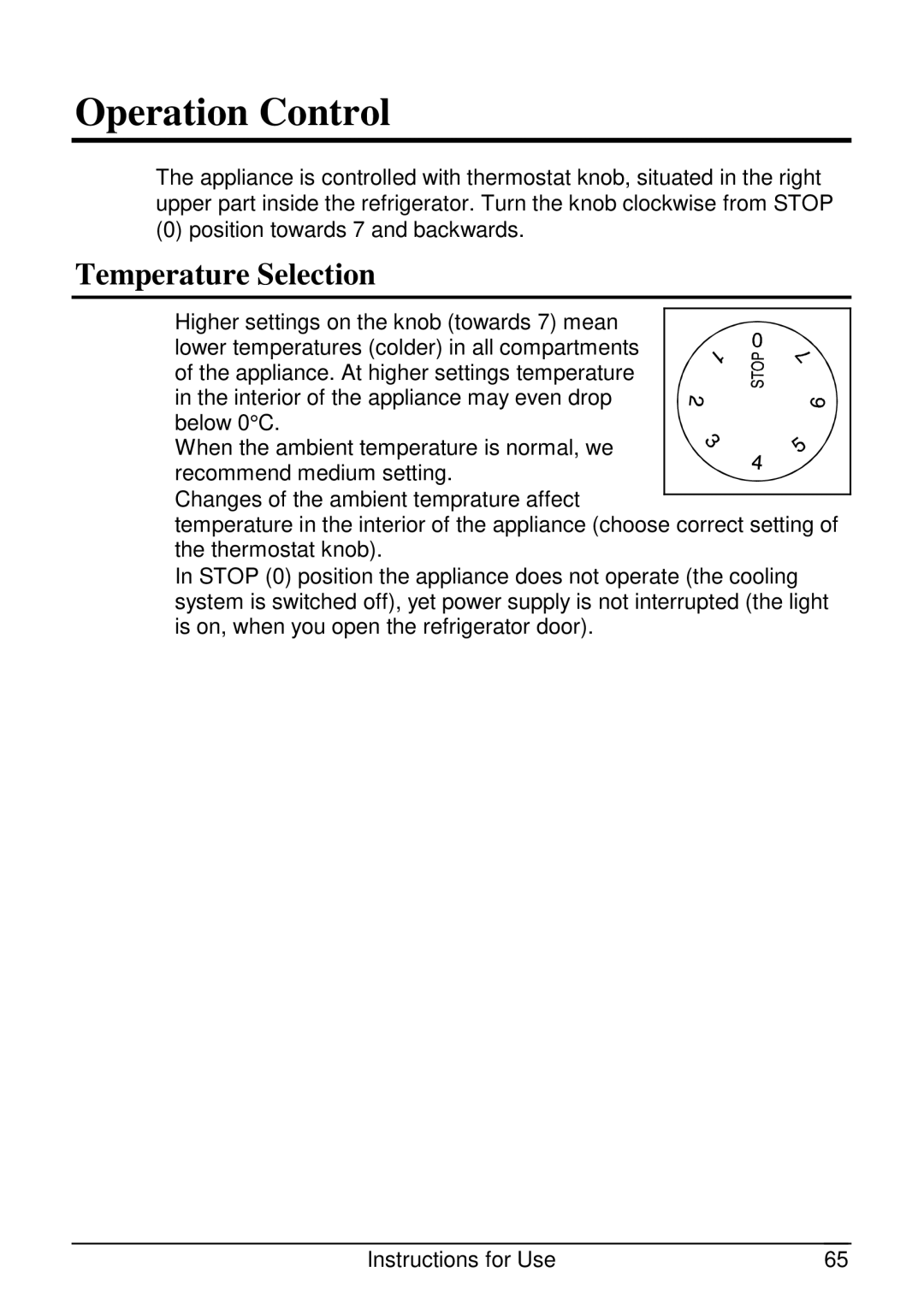 Smeg CR320ASX manual Operation Control, Temperature Selection 