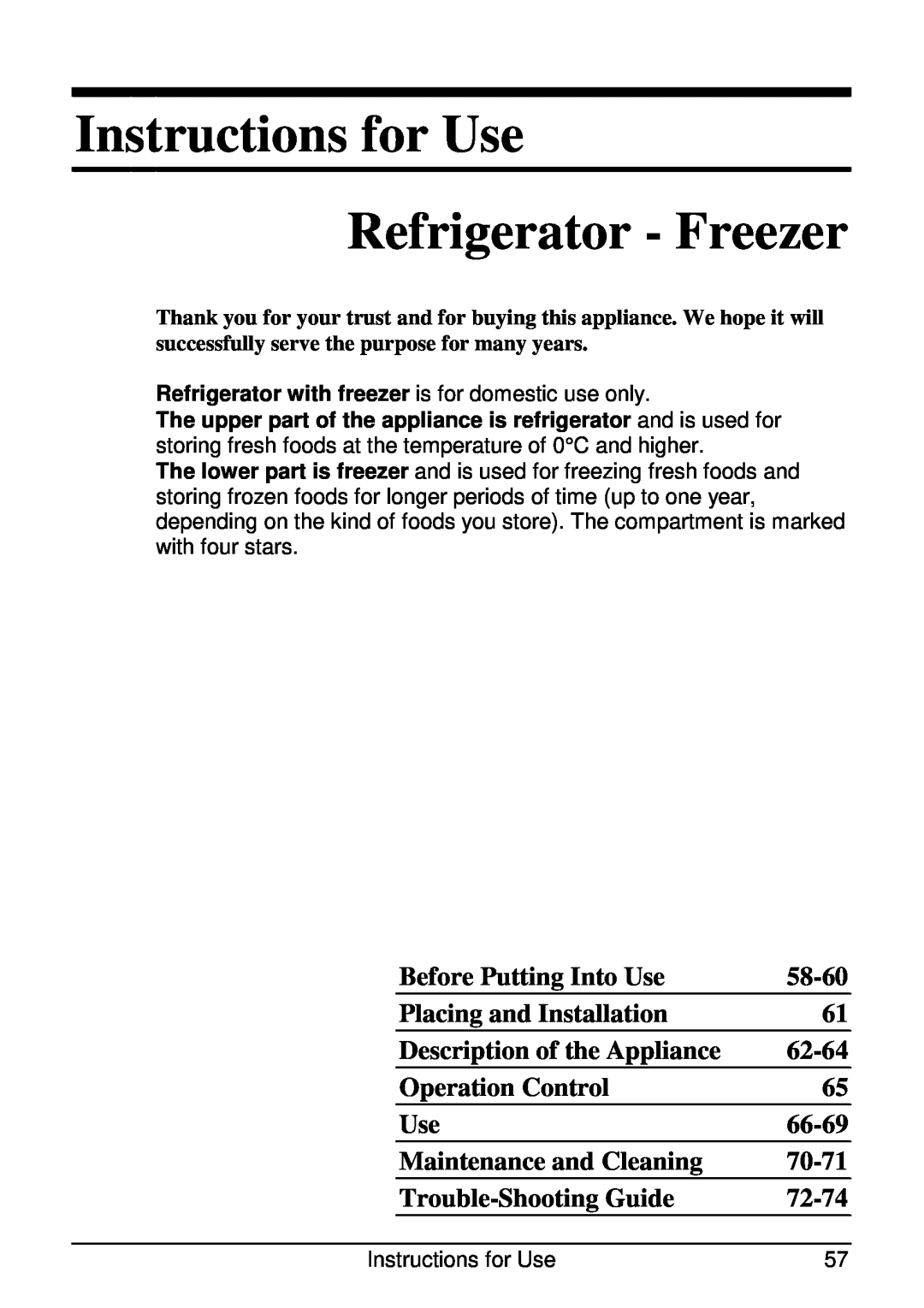 Smeg CR320ASX manual Before Putting Into Use, 58-60, Placing and Installation, Description of the Appliance, 62-64, 66-69 