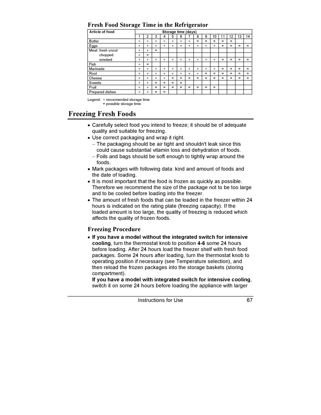 Smeg CR321A manual Freezing Fresh Foods, Fresh Food Storage Time in the Refrigerator, Freezing Procedure 