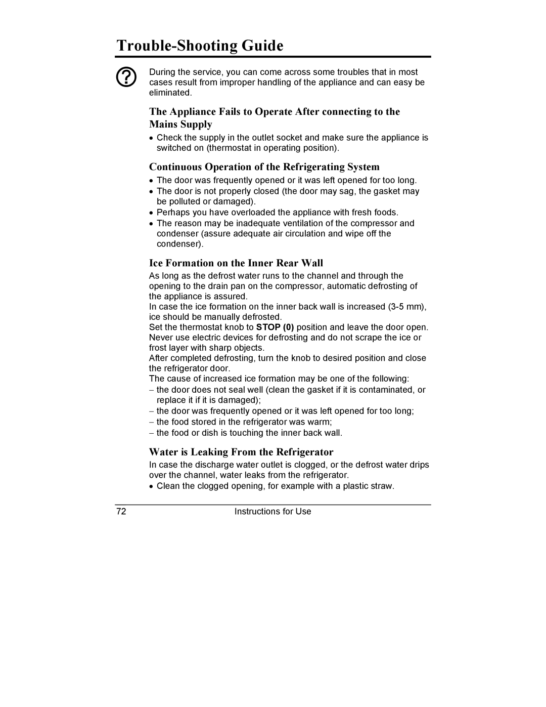 Smeg CR321A Trouble-Shooting Guide, Continuous Operation of the Refrigerating System, Ice Formation on the Inner Rear Wall 