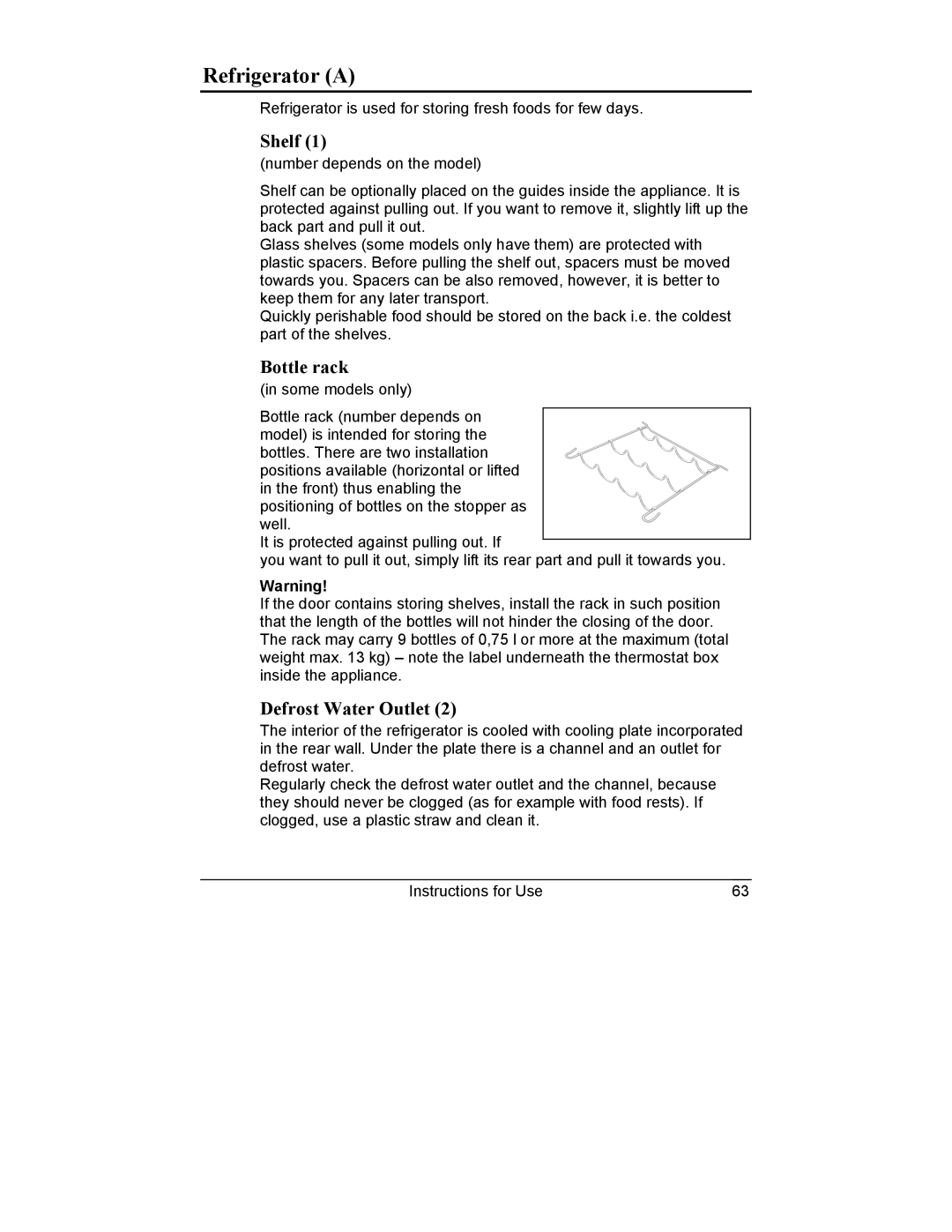 Smeg CR321A manual Refrigerator a, Shelf, Bottle rack, Defrost Water Outlet 