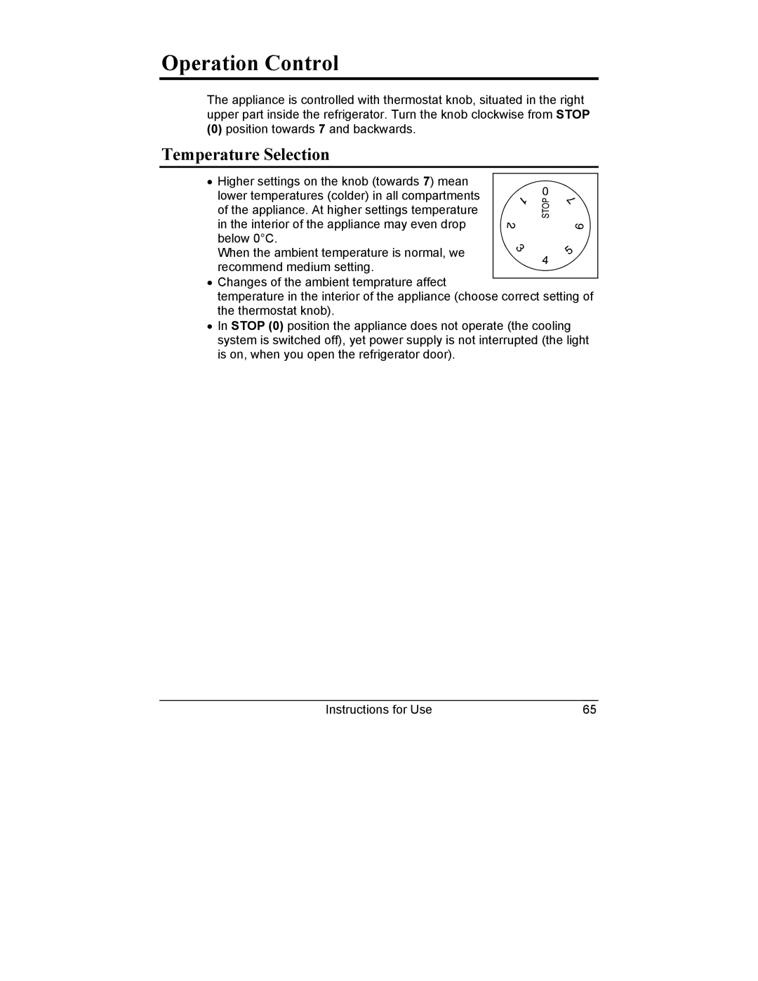 Smeg CR321A manual Operation Control, Temperature Selection 