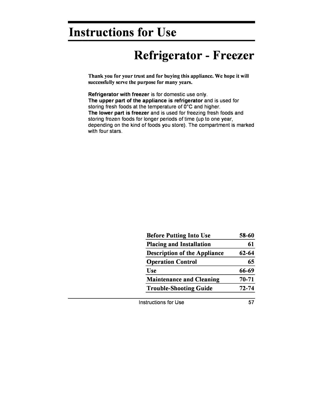 Smeg CR321A manual Instructions for Use Refrigerator - Freezer, Before Putting Into Use, 58-60, Placing and Installation 