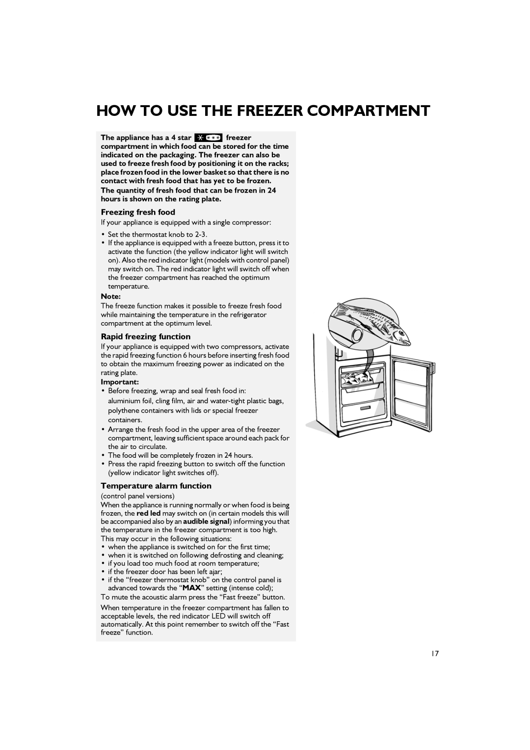 Smeg CR324ASX7, CR324A7 Freezing fresh food, Rapid freezing function, Temperature alarm function, Control panel versions 