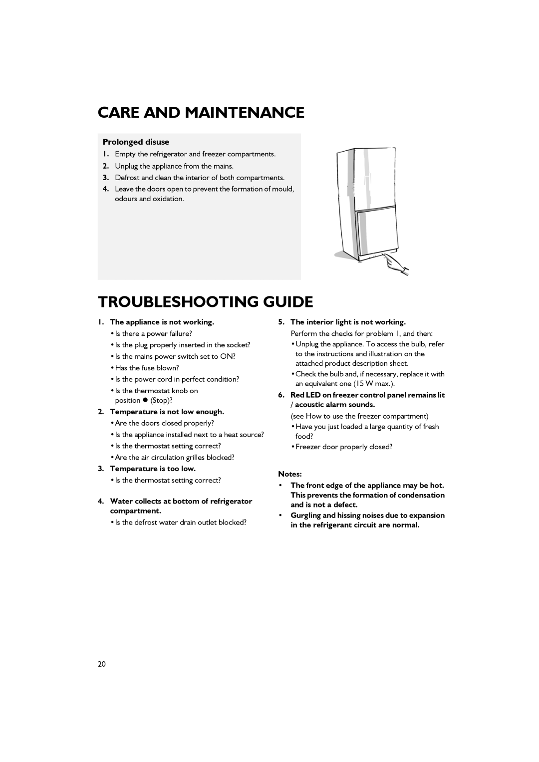 Smeg CR324A7, CR324ASX7 manual Troubleshooting Guide, Prolonged disuse 