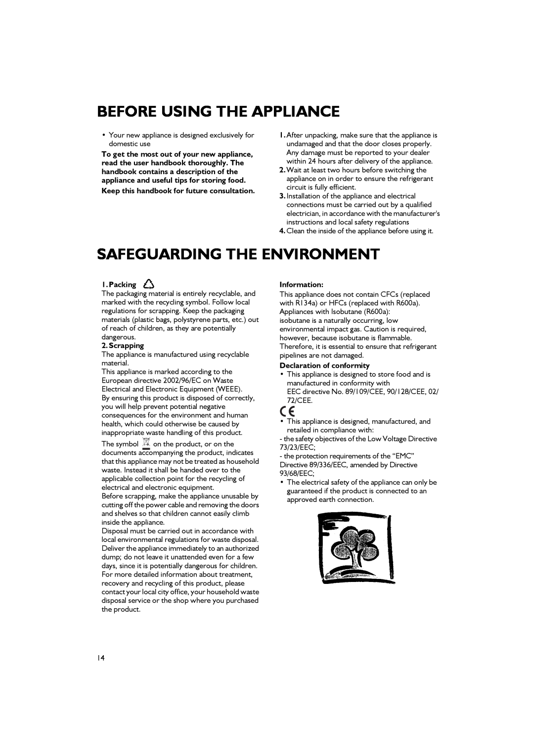 Smeg CR324A7 Before Using The Appliance, Safeguarding The Environment, Keep this handbook for future consultation, Packing 