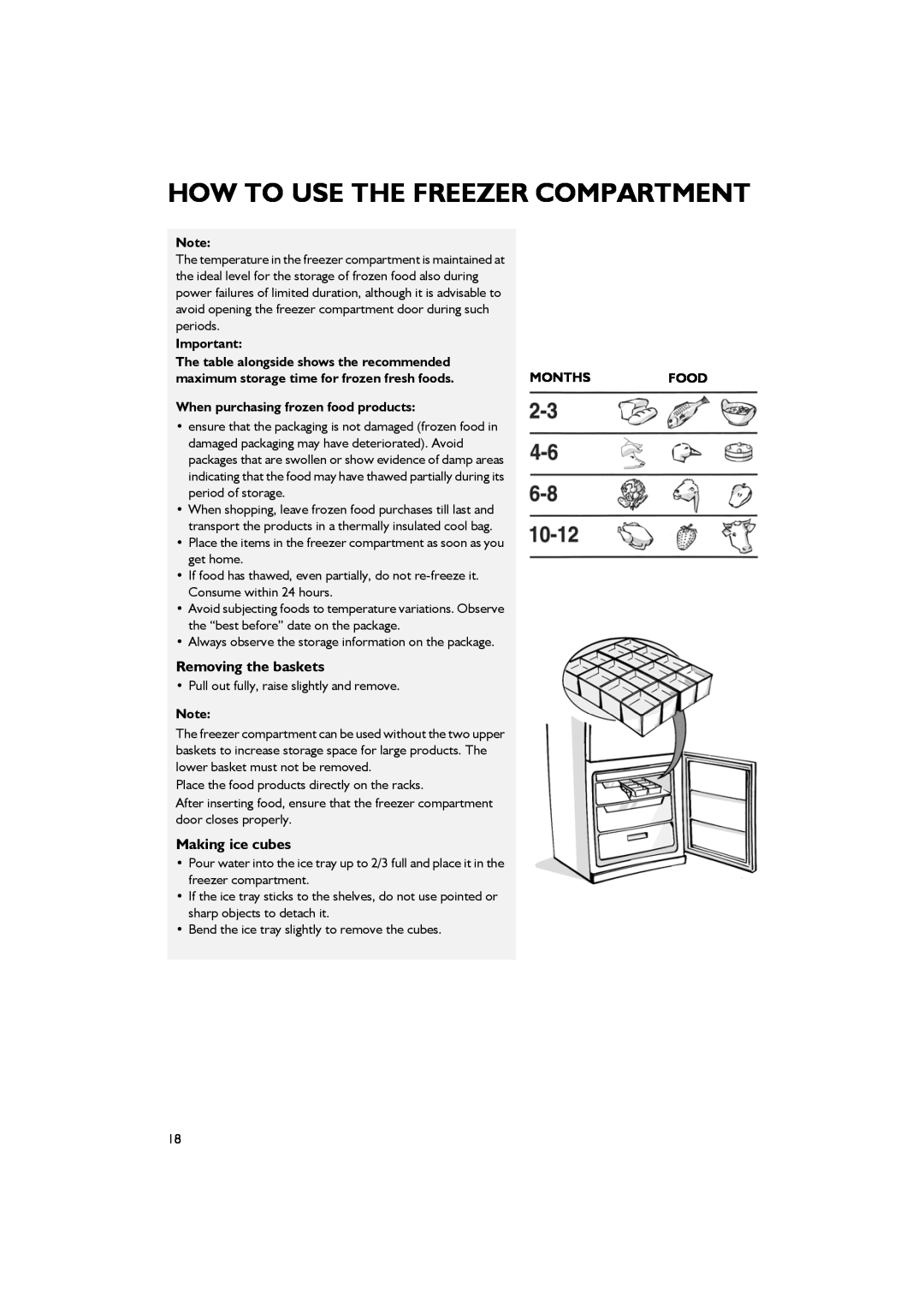 Smeg CR324A7 Removing the baskets, Making ice cubes, periods, The table alongside shows the recommended, Months, Food 
