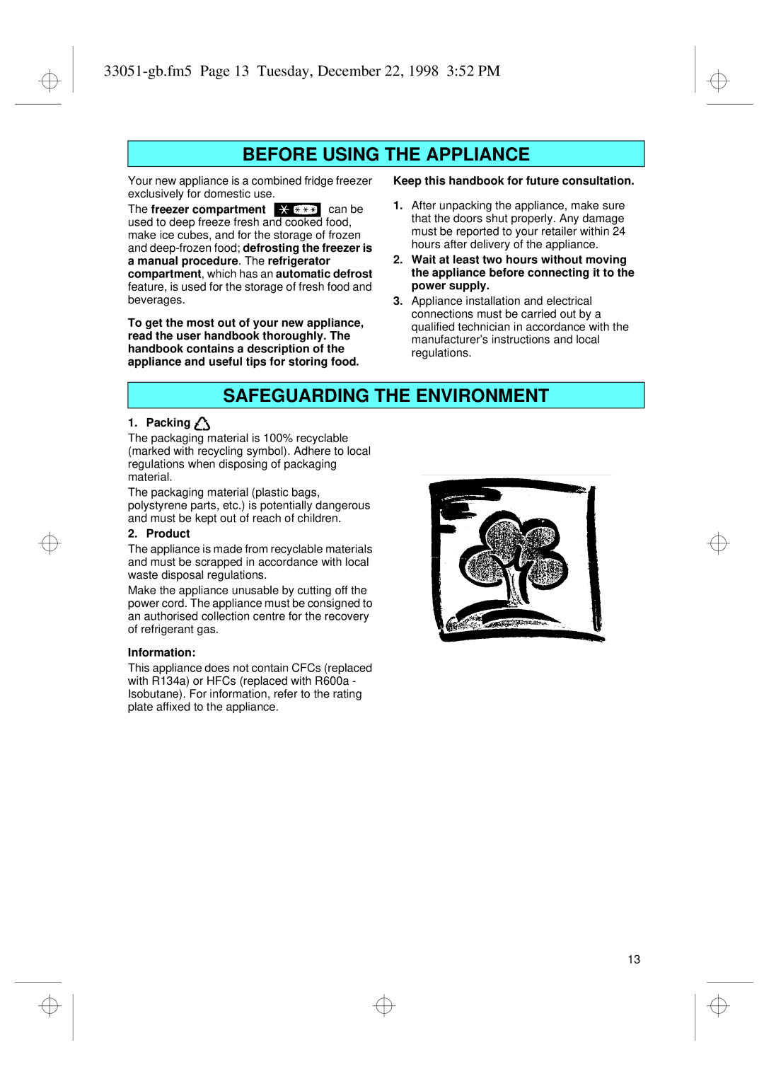 Smeg CR325A installation instructions 33051-gb.fm5 Page 13 Tuesday, December 22, 1998 352 PM 