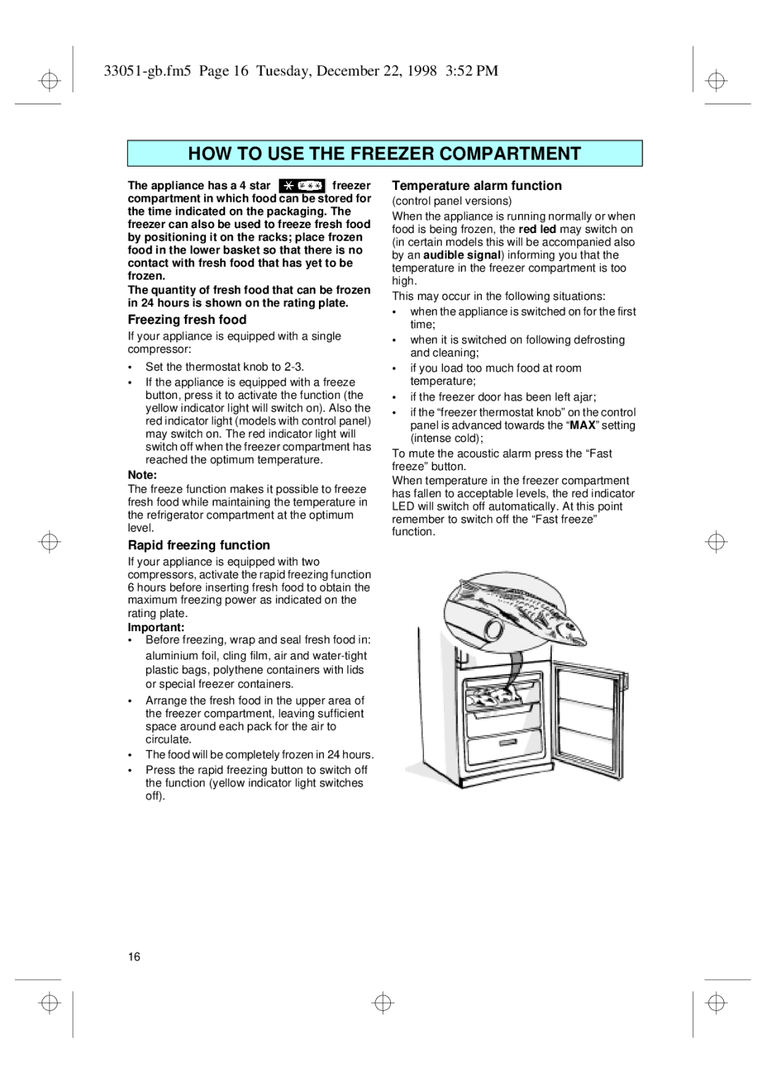 Smeg CR325A installation instructions Freezing fresh food, Rapid freezing function, Temperature alarm function 