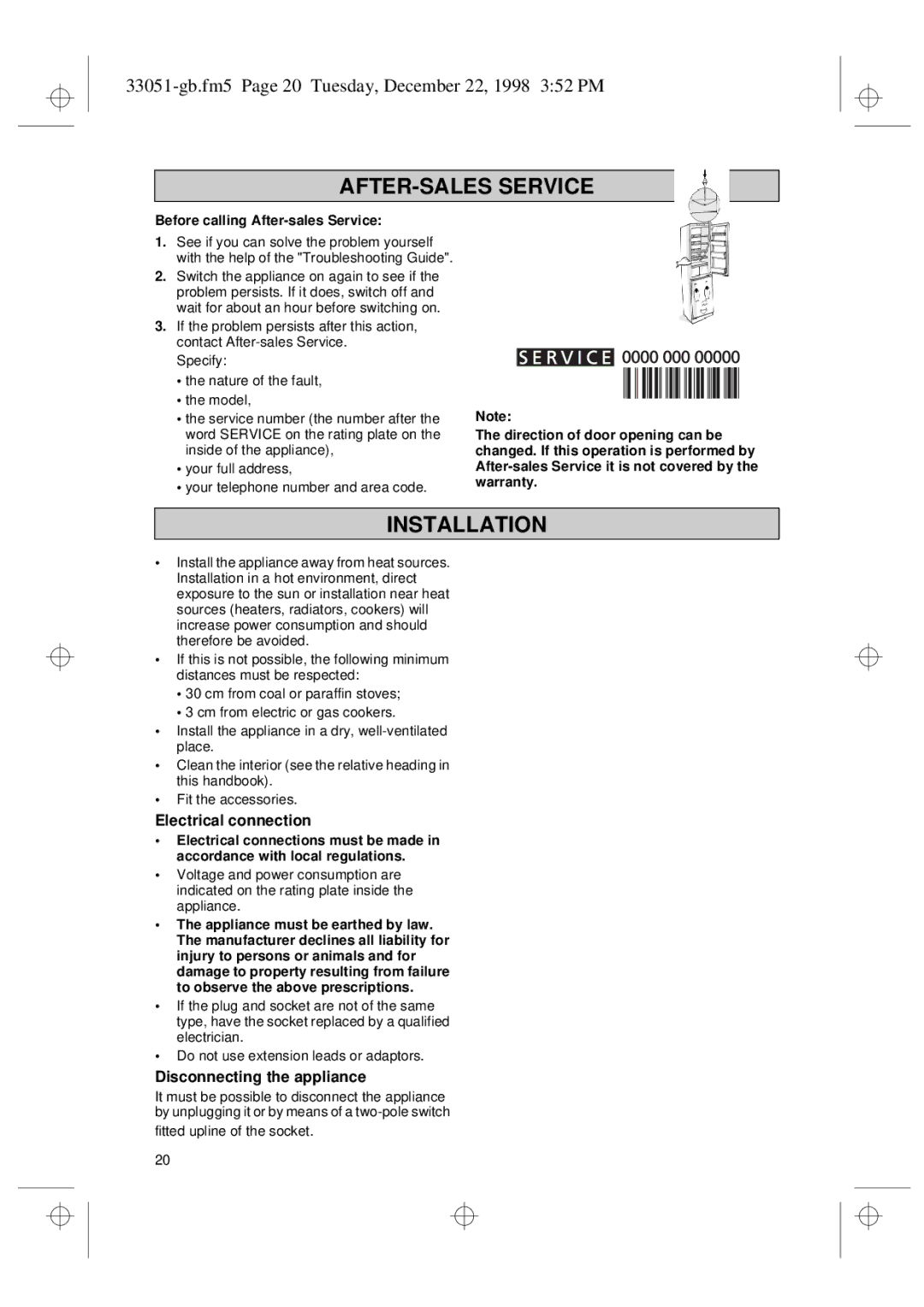 Smeg CR325A installation instructions Electrical connection, Disconnecting the appliance 