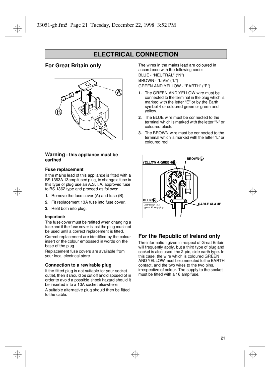 Smeg CR325A installation instructions Fuse replacement, Connection to a rewirable plug 