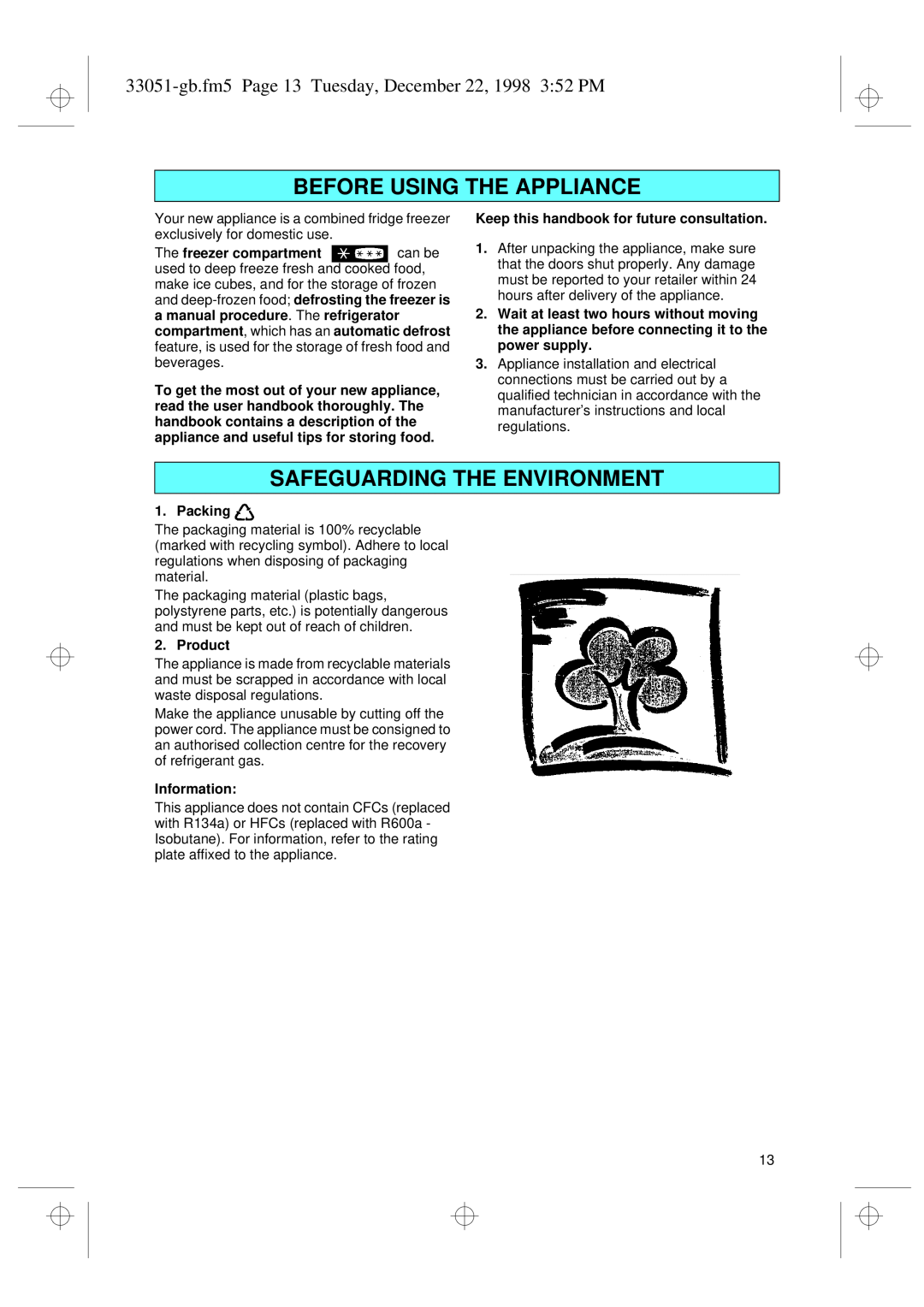 Smeg CR325A 33051-gb.fm5 Page 13 Tuesday, December 22, 1998 352 PM, Keep this handbook for future consultation, Packing 