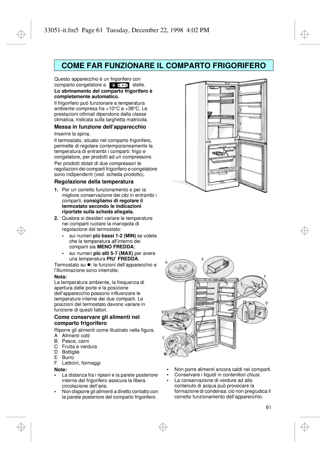 Smeg CR325A7 installation instructions Messa in funzione dell’apparecchio, Regolazione della temperatura, Nota 