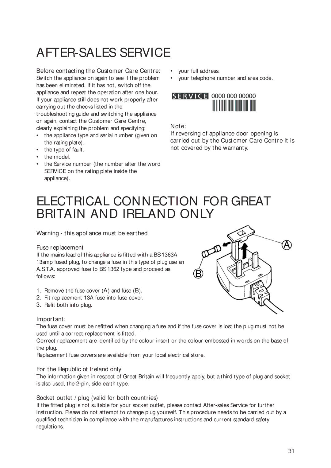 Smeg CR325ANF manual Before contacting the Customer Care Centre, Fuse replacement, For the Republic of Ireland only 