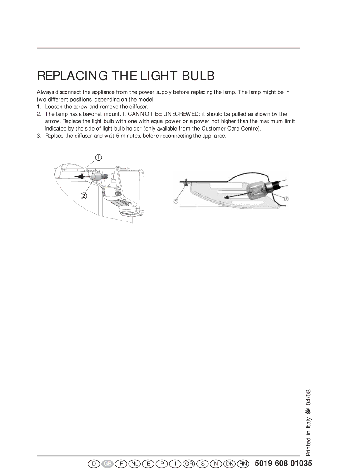 Smeg CR325ANF manual Replacing the Light Bulb 