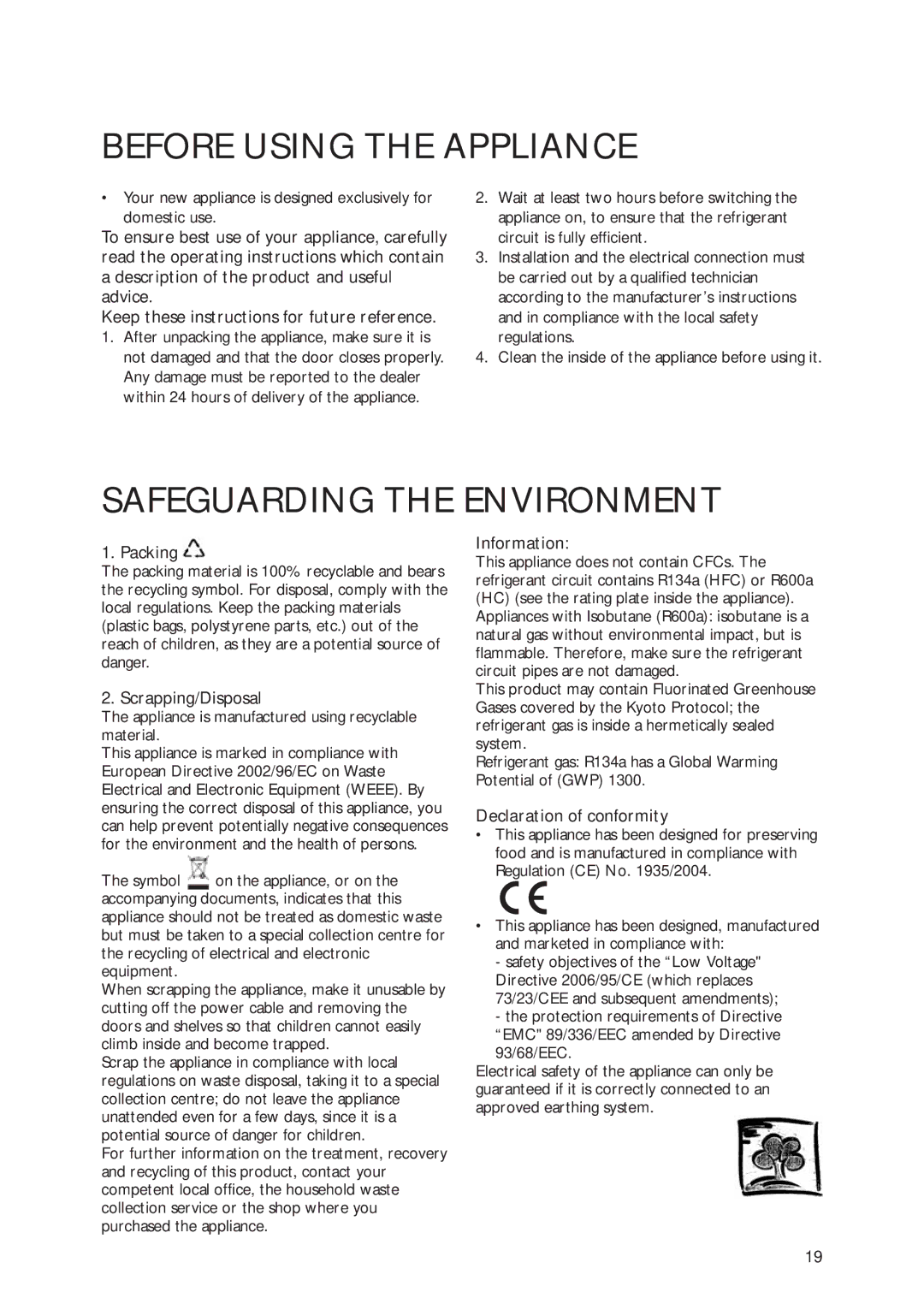 Smeg CR325ANF manual Before Using the Appliance, Packing, Scrapping/Disposal, Information, Declaration of conformity 