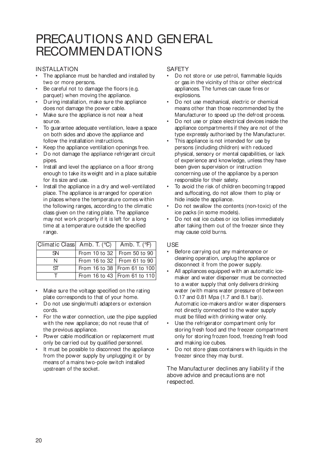 Smeg CR325ANF manual Precautions and General Recommendations, Amb. T. C Amb. T. F 