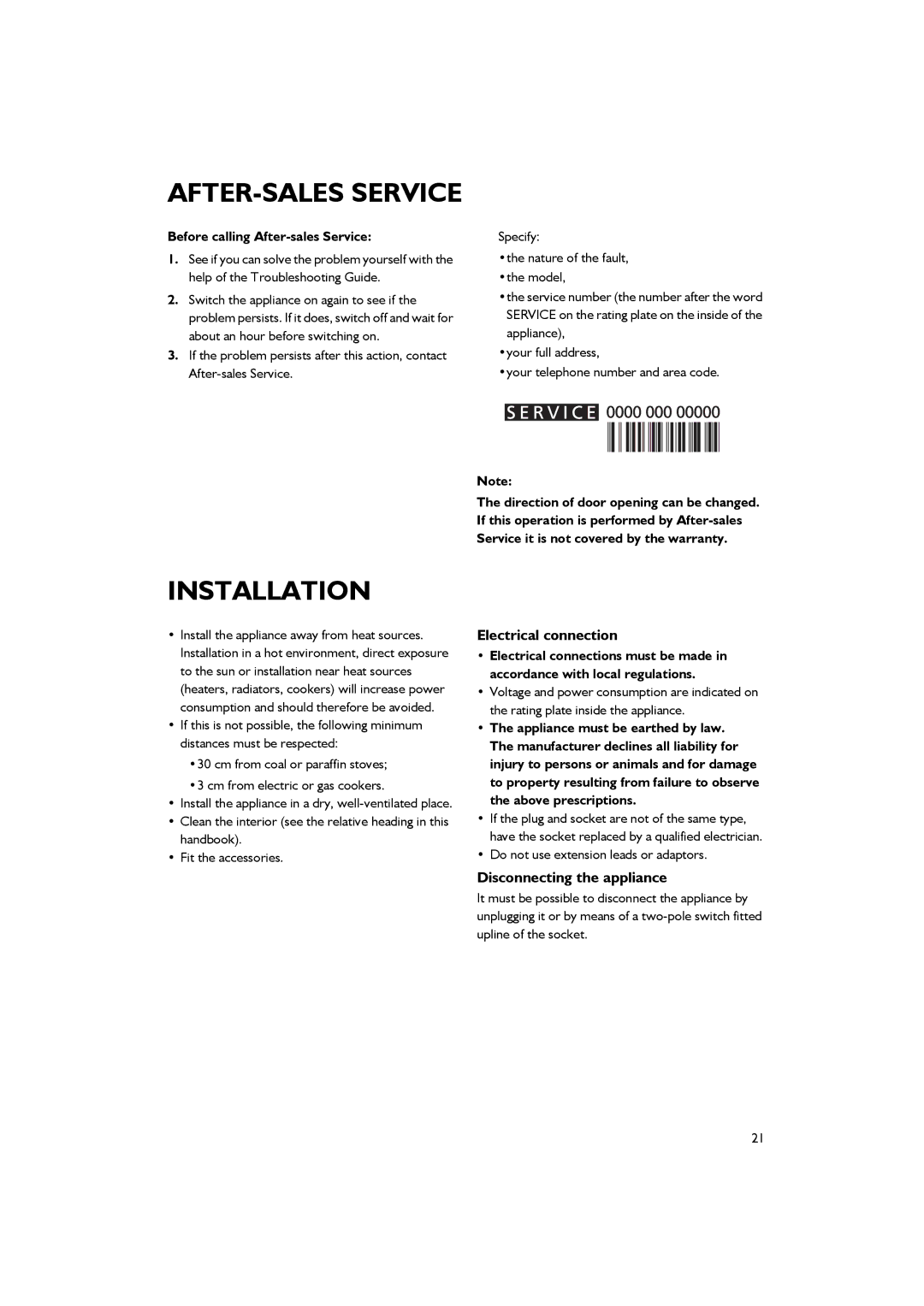 Smeg CR326AP7 manual Installation, Electrical connection, Disconnecting the appliance, Before calling After-sales Service 