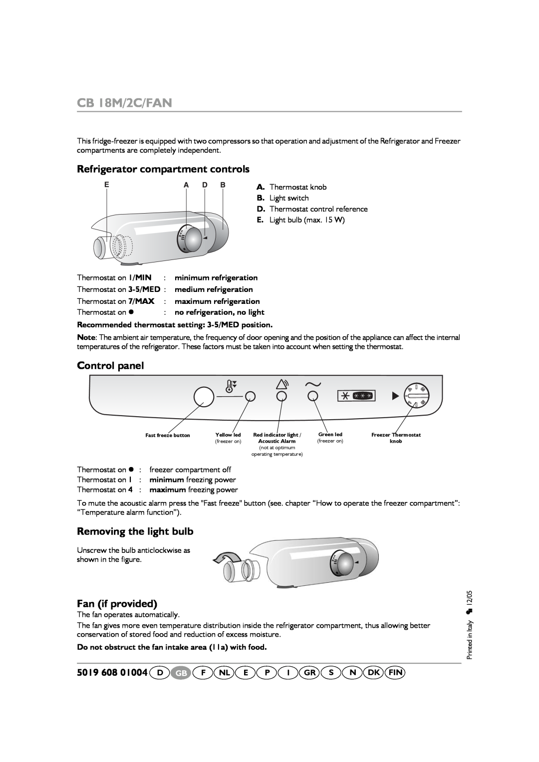 Smeg CR326AP7 Refrigerator compartment controls, Control panel, Removing the light bulb, Fan if provided, CB 18M/2C/FAN 