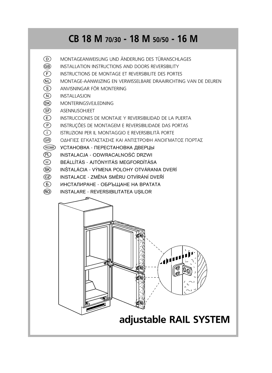 Smeg CR327AV installation instructions q w f d c g h j, Á CB 18 M 70/30 - 18 M 50/50 - 16 M, adjustable RAIL SYSTEM 