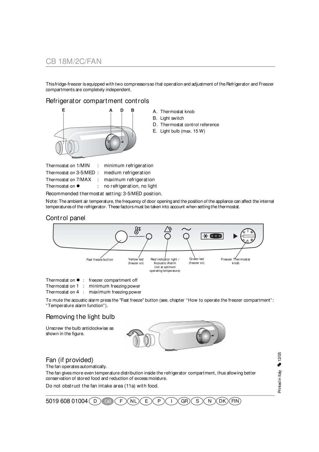 Smeg CR327AV1 Refrigerator compartment controls, Control panel, Removing the light bulb, Fan if provided, CB 18M/2C/FAN 