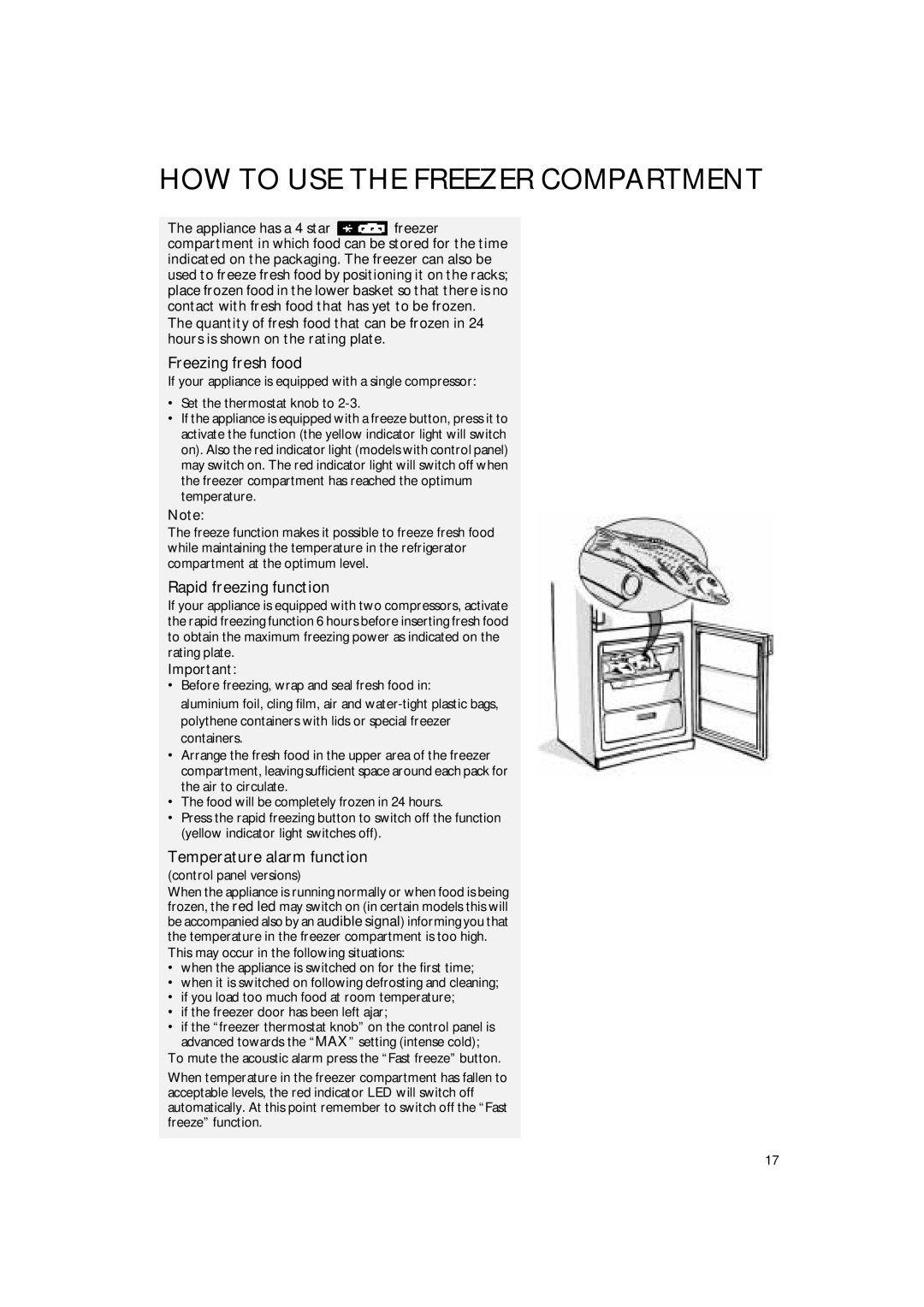 Smeg CR327AV1 How To Use The Freezer Compartment, Freezing fresh food, Rapid freezing function, Temperature alarm function 