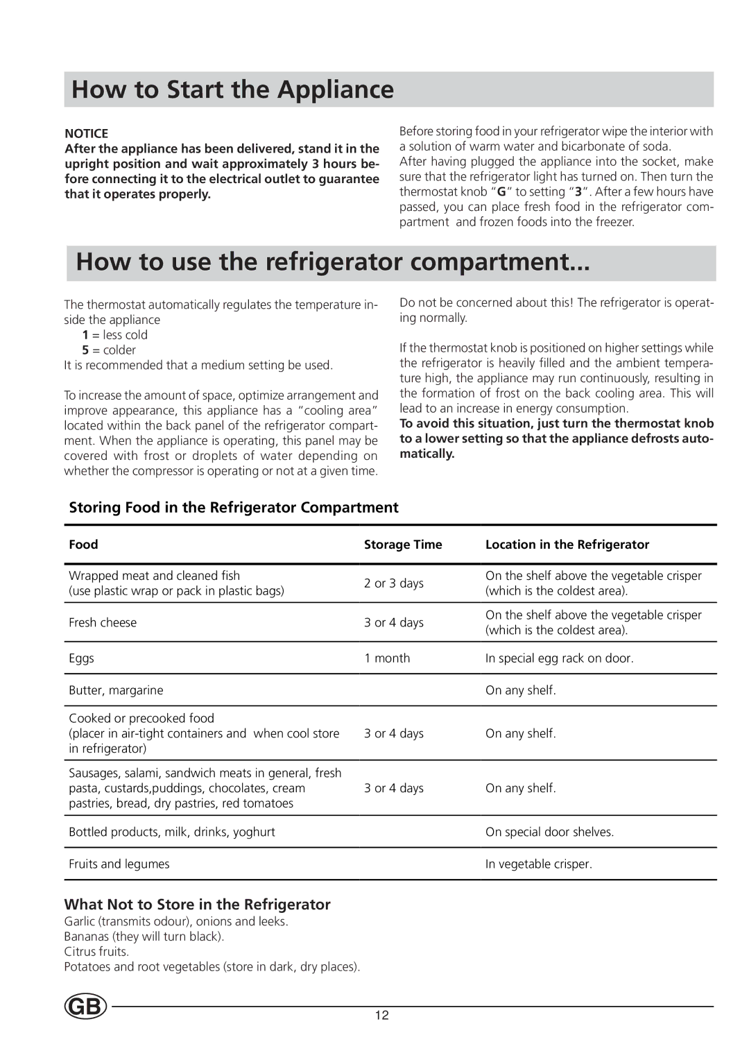 Smeg CR330A How to Start the Appliance, How to use the refrigerator compartment, What Not to Store in the Refrigerator 