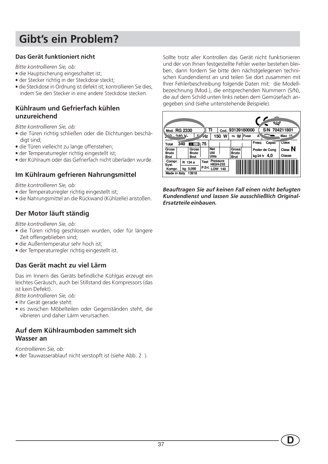 Smeg CR330A manual Gibt’s ein Problem? 