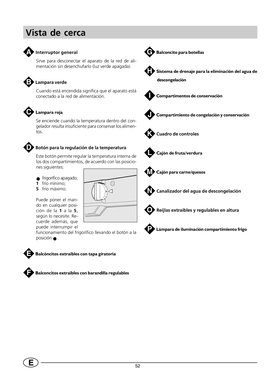 Smeg CR330SE manual Vista de cerca, Interruptor general, Lampara verde, Botón para la regulación de la temperatura 