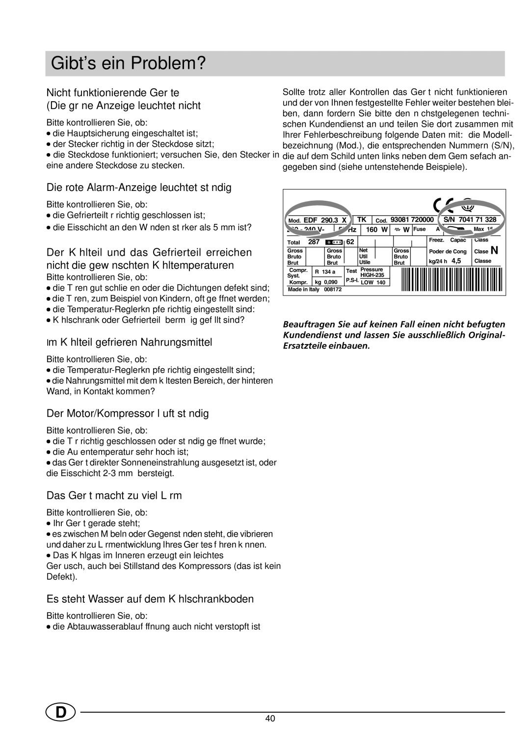 Smeg CR330SE1 manual Gibts ein Problem?, Bitte kontrollieren Sie, ob 