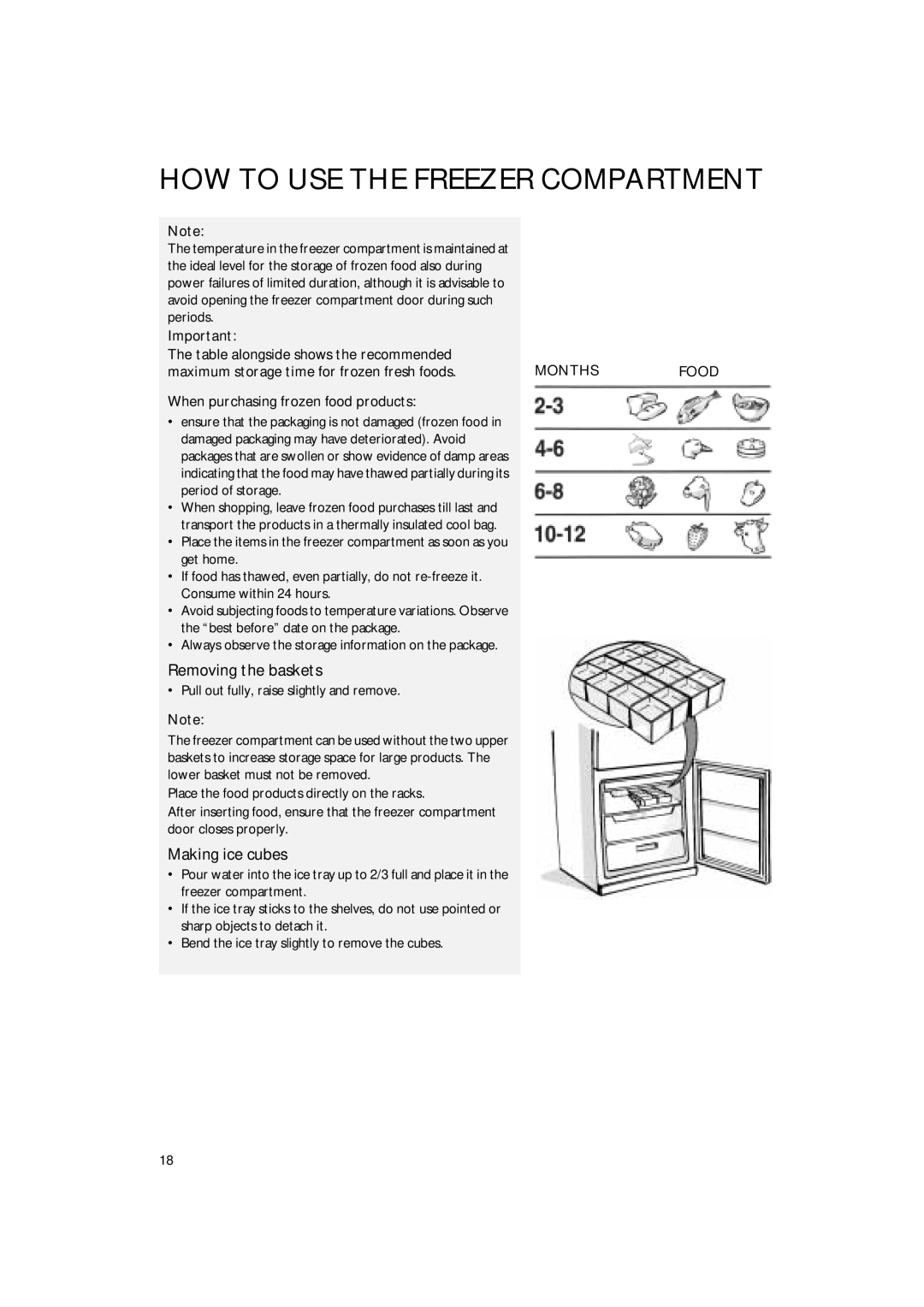 Smeg CR5050A manual Removing the baskets, Making ice cubes, How To Use The Freezer Compartment, periods, Months, Food 