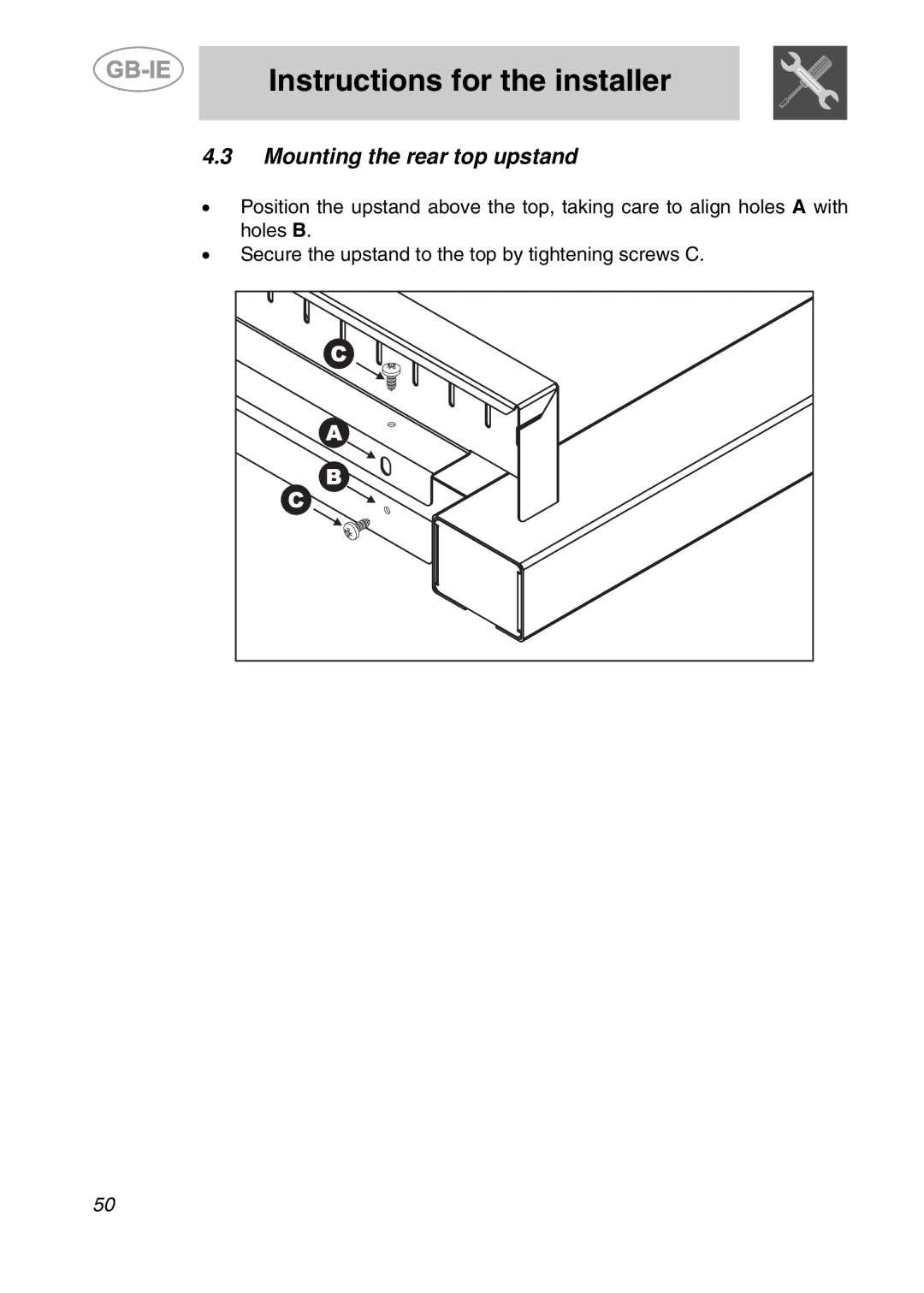 Smeg CS120-6, CS120A-6 manual Mounting the rear top upstand 