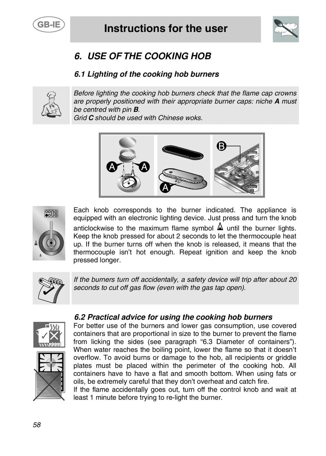 Smeg CS120-6, CS120A-6 manual USE of the Cooking HOB, Lighting of the cooking hob burners 