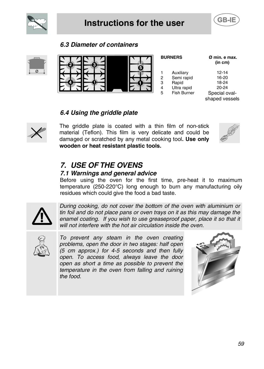 Smeg CS120A-6, CS120-6 manual USE of the Ovens, Diameter of containers, Using the griddle plate 