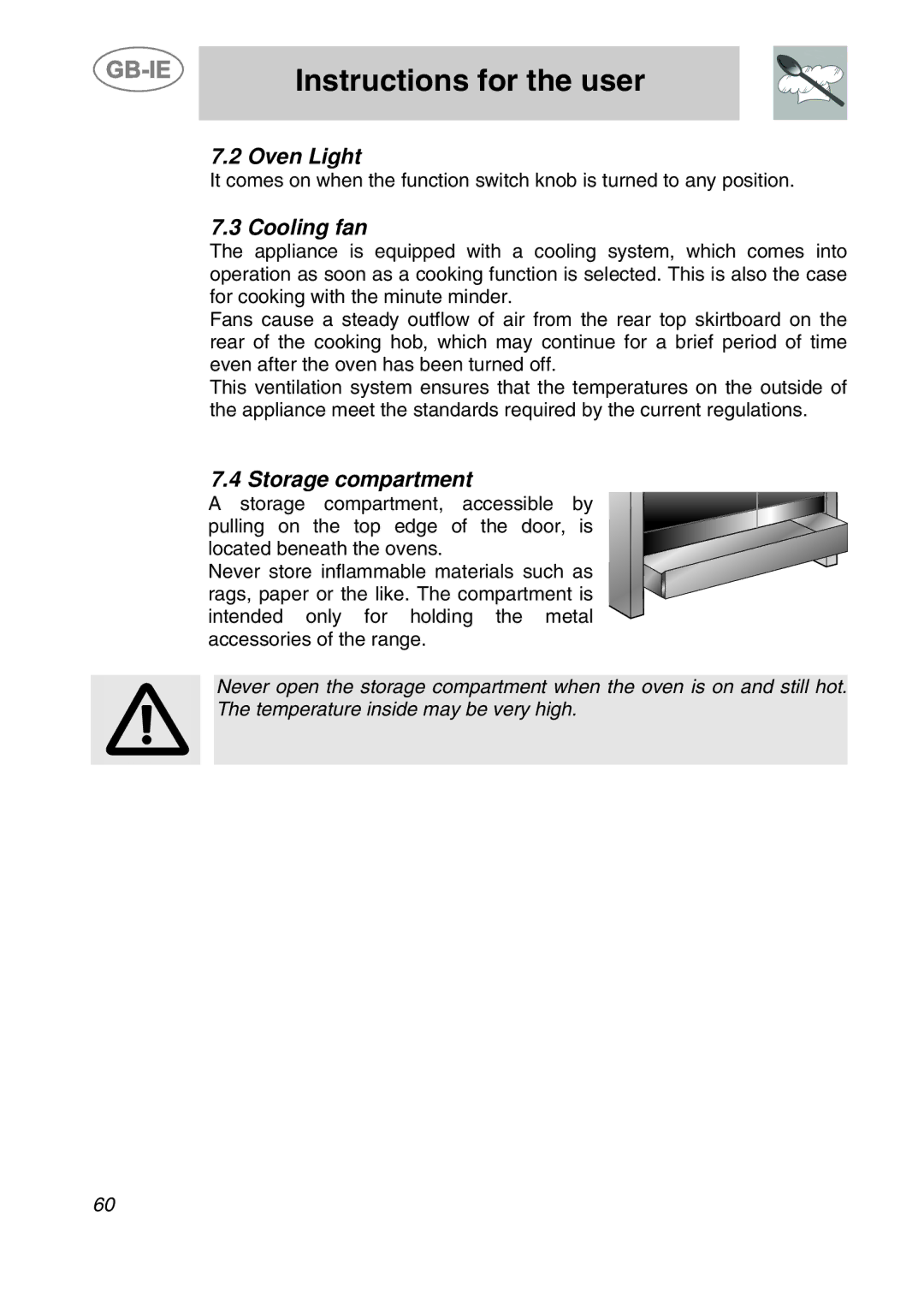 Smeg CS120-6, CS120A-6 manual Oven Light, Cooling fan, Storage compartment 