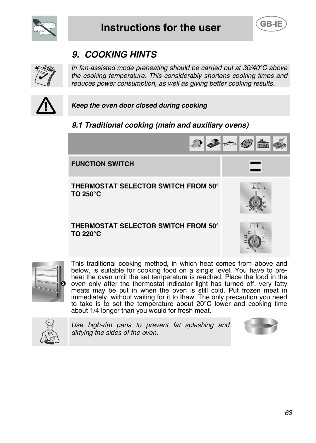 Smeg CS120A-6 Cooking Hints, Traditional cooking main and auxiliary ovens, Function Switch Thermostat Selector Switch from 