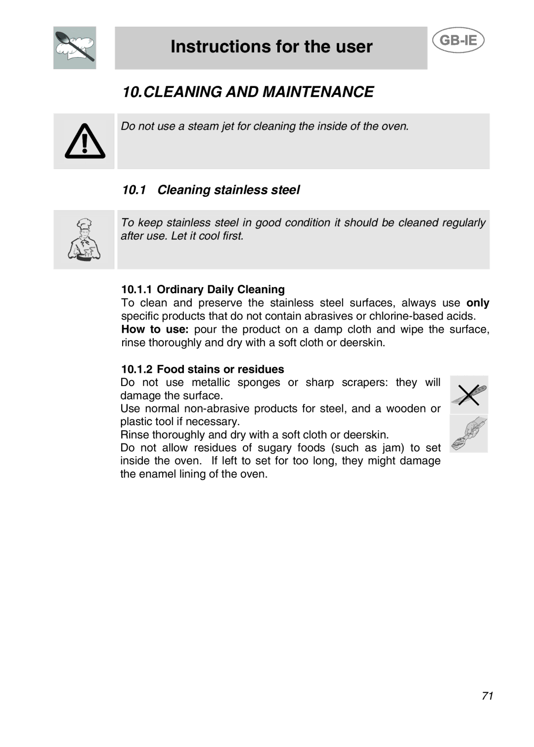 Smeg CS120A-6 manual Cleaning and Maintenance, Cleaning stainless steel, Ordinary Daily Cleaning, Food stains or residues 