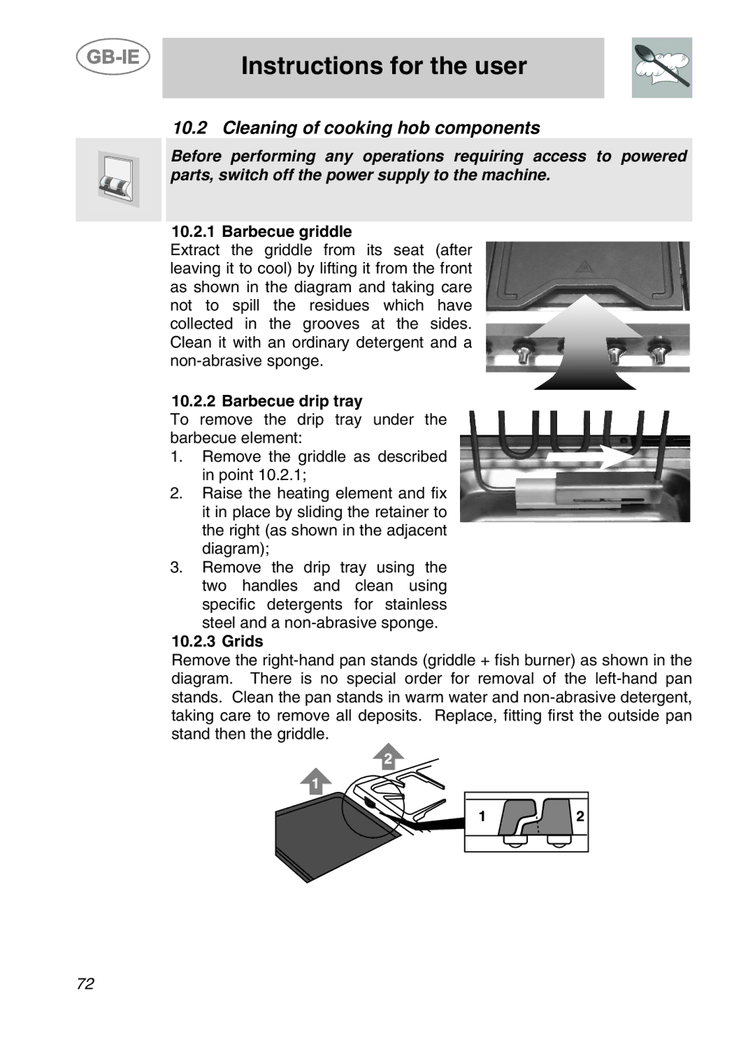 Smeg CS120-6, CS120A-6 manual Cleaning of cooking hob components, Barbecue griddle, Barbecue drip tray, Grids 