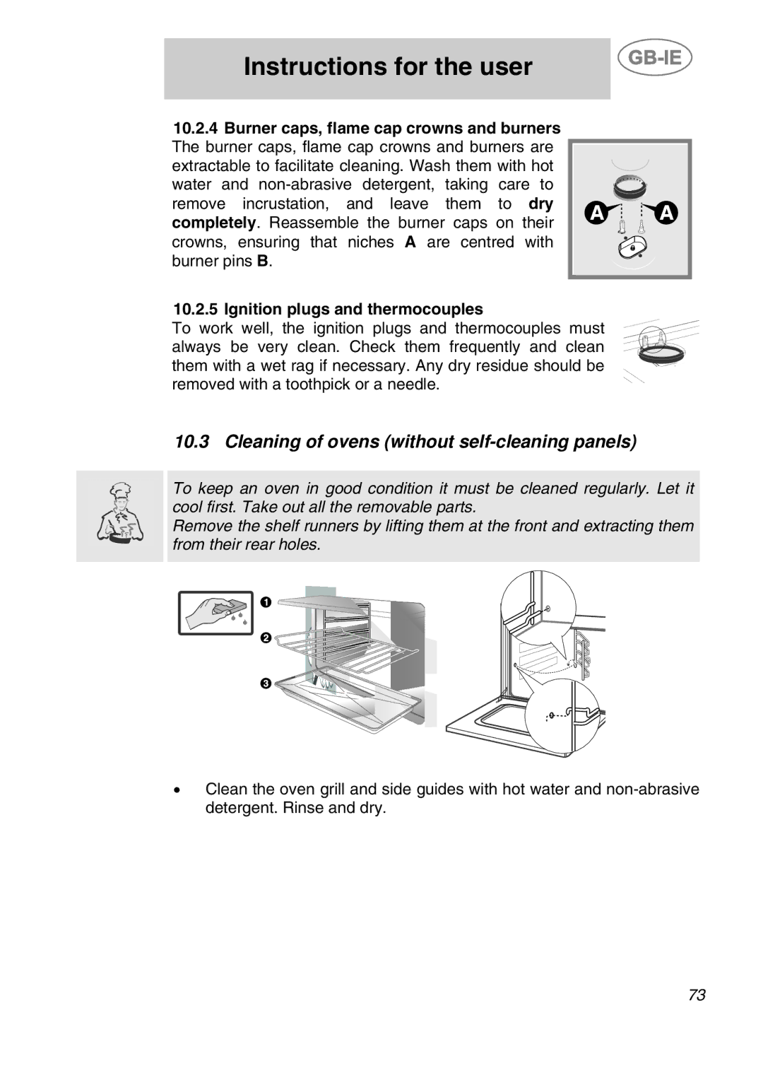 Smeg CS120A-6, CS120-6 manual Cleaning of ovens without self-cleaning panels, Ignition plugs and thermocouples 