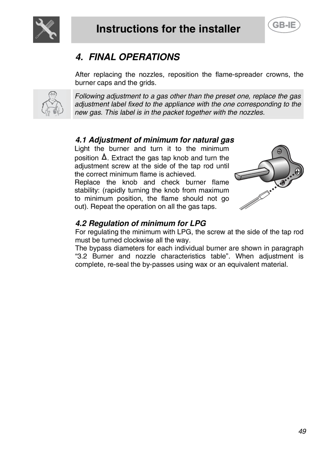 Smeg CS120A-6, CS120-6 manual Final Operations, Adjustment of minimum for natural gas, Regulation of minimum for LPG 