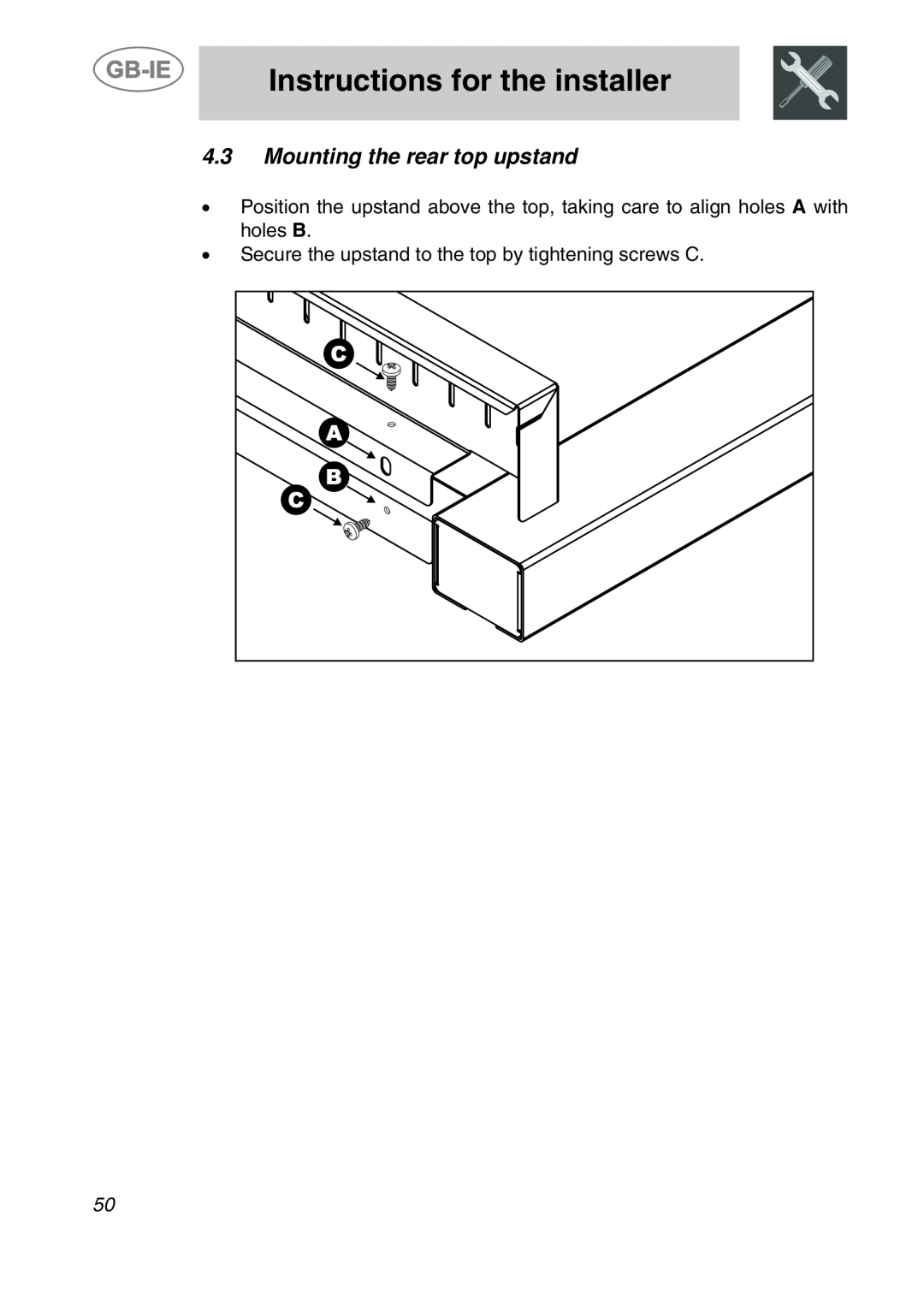 Smeg CS120-6, CS120A-6 manual Mounting the rear top upstand, Instructions for the installer 