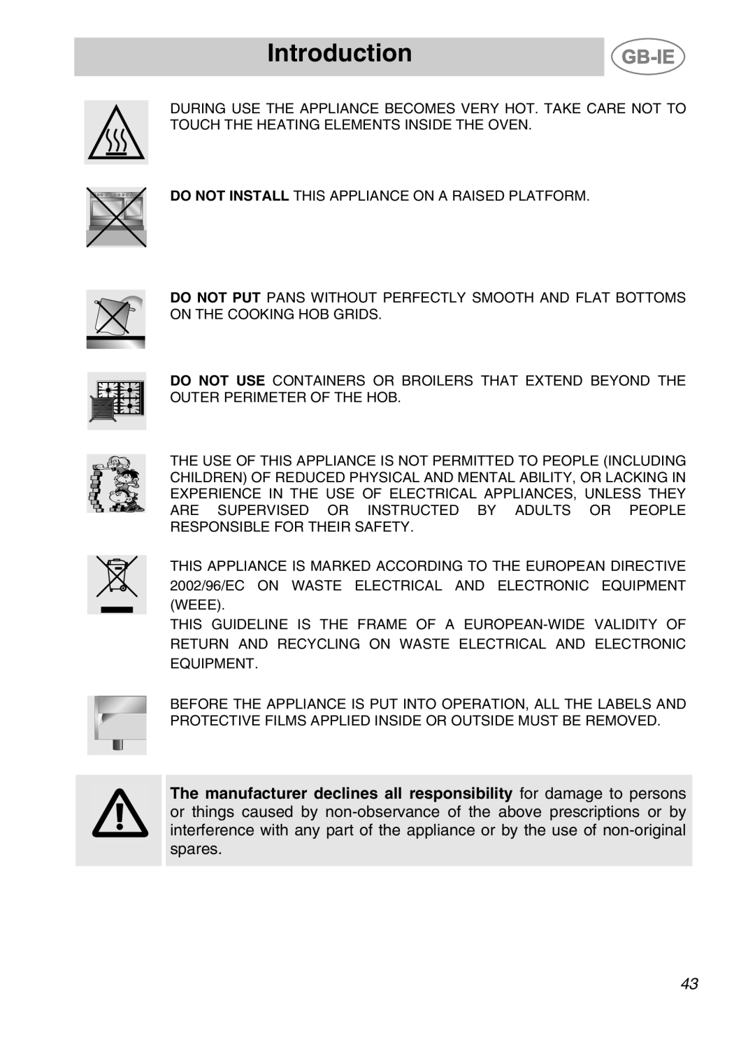Smeg CS120A-6, CS120-6 manual Introduction, Do Not Install This Appliance On A Raised Platform 