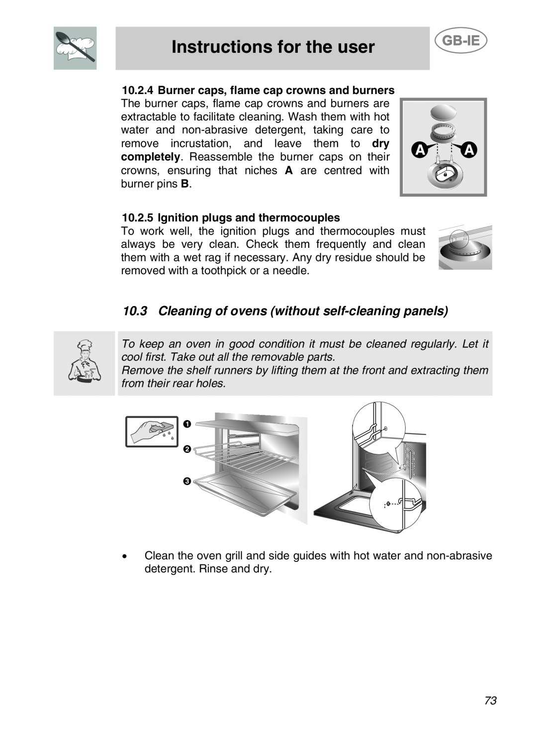 Smeg CS120A-6 Cleaning of ovens without self-cleaning panels, Instructions for the user, Ignition plugs and thermocouples 