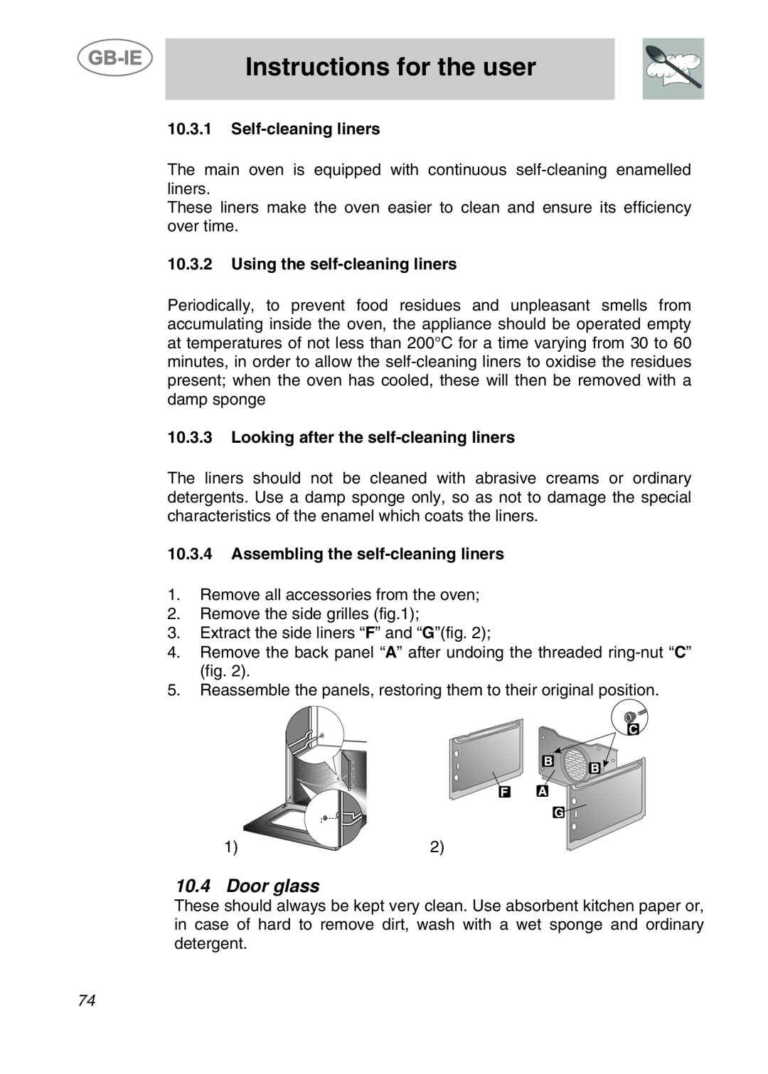Smeg CS120-6, CS120A-6 manual Door glass, Instructions for the user, Self-cleaning liners, Using the self-cleaning liners 
