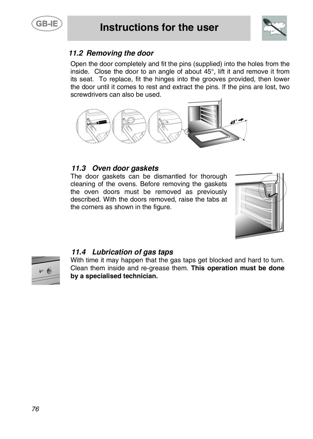Smeg CS120-6, CS120A-6 manual Removing the door, Oven door gaskets, Lubrication of gas taps, Instructions for the user 