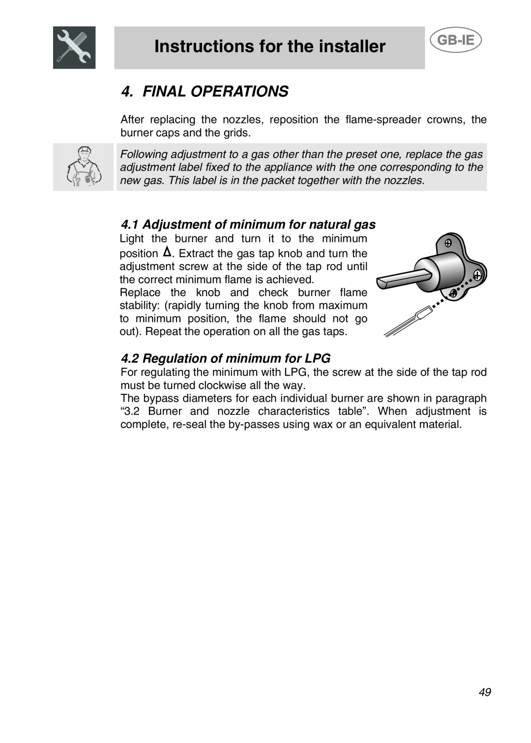 Smeg CS120A-6, CS120-6 manual Final Operations, Adjustment of minimum for natural gas, Regulation of minimum for LPG 
